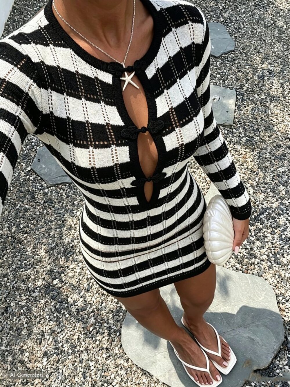 Black And White Sexy Women's Colorblock Striped Hollow Out Knit Dress